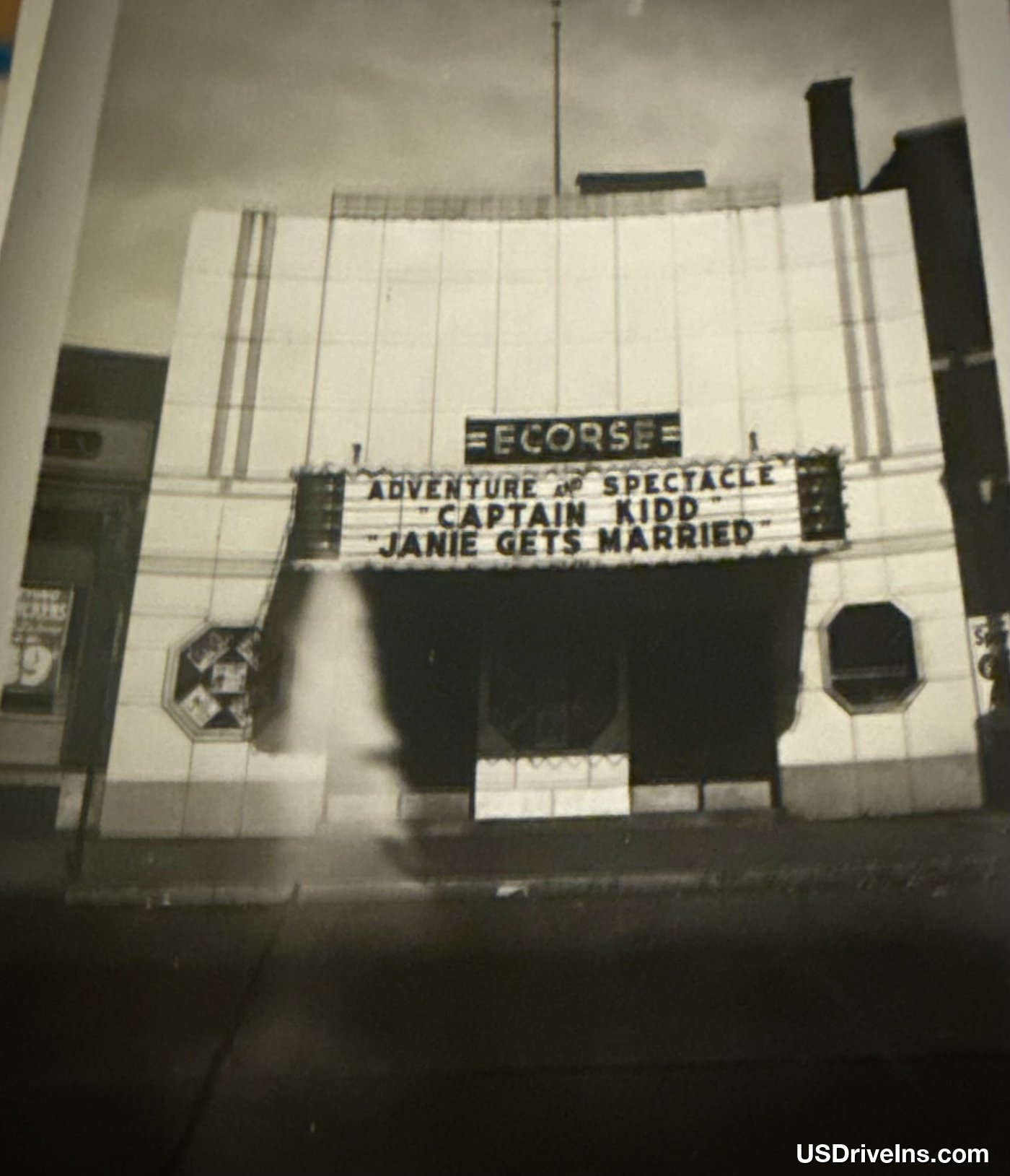 Ecorse Theatre art deco facade — Captain Kidd with Charles Laughton, Janie Gets Married with Joan Leslie, circa 1946