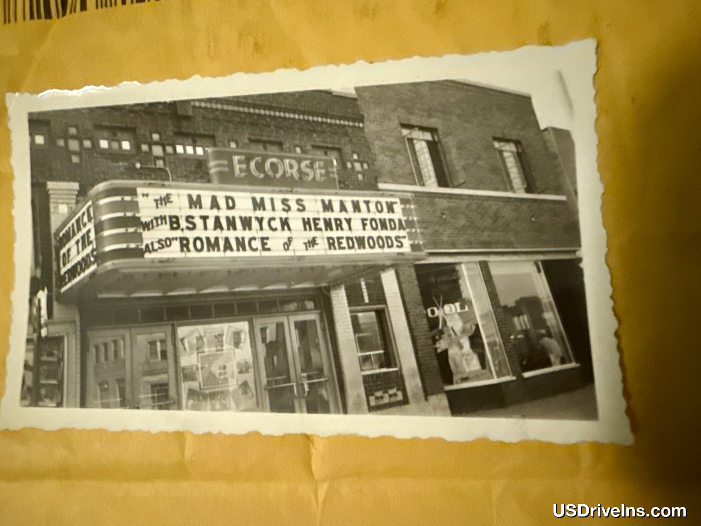 Ecorse Theatre marquee — The Mad Miss Manton with B. Stanwyck & Henry Fonda, also Romance of the Redwoods, circa 1938