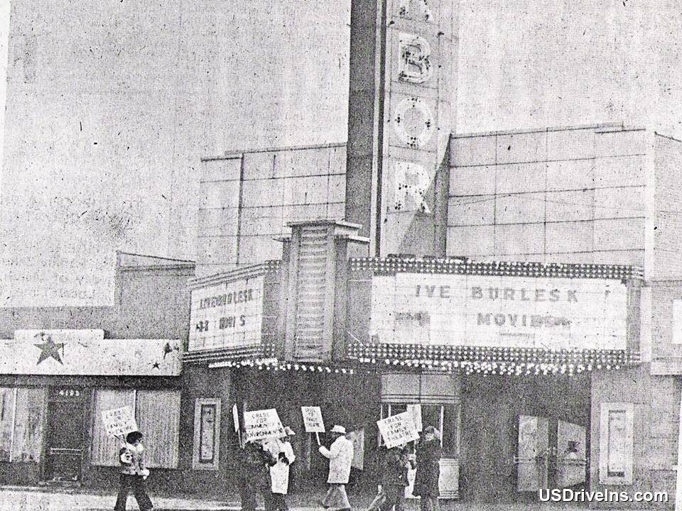 Protesters outside Harbor Theatre during burlesque shows