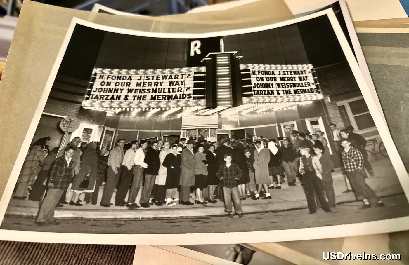 Harbor Theatre marquee — On Our Merry Way with H. Fonda & J. Stewart, Tarzan & the Mermaids with Johnny Weissmuller, 1948